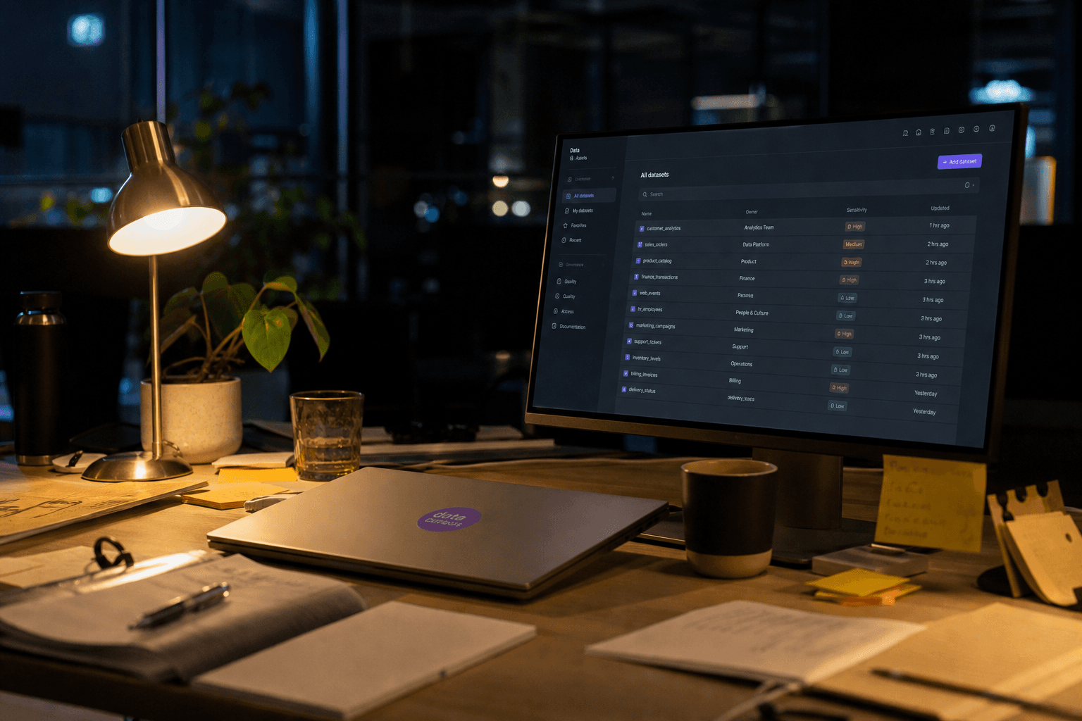 A dimly lit desk at night showing a laptop and monitor displaying a generic dataset list interface, lit by screen glow and a warm desk lamp, with sticky notes and a coffee cup nearby.