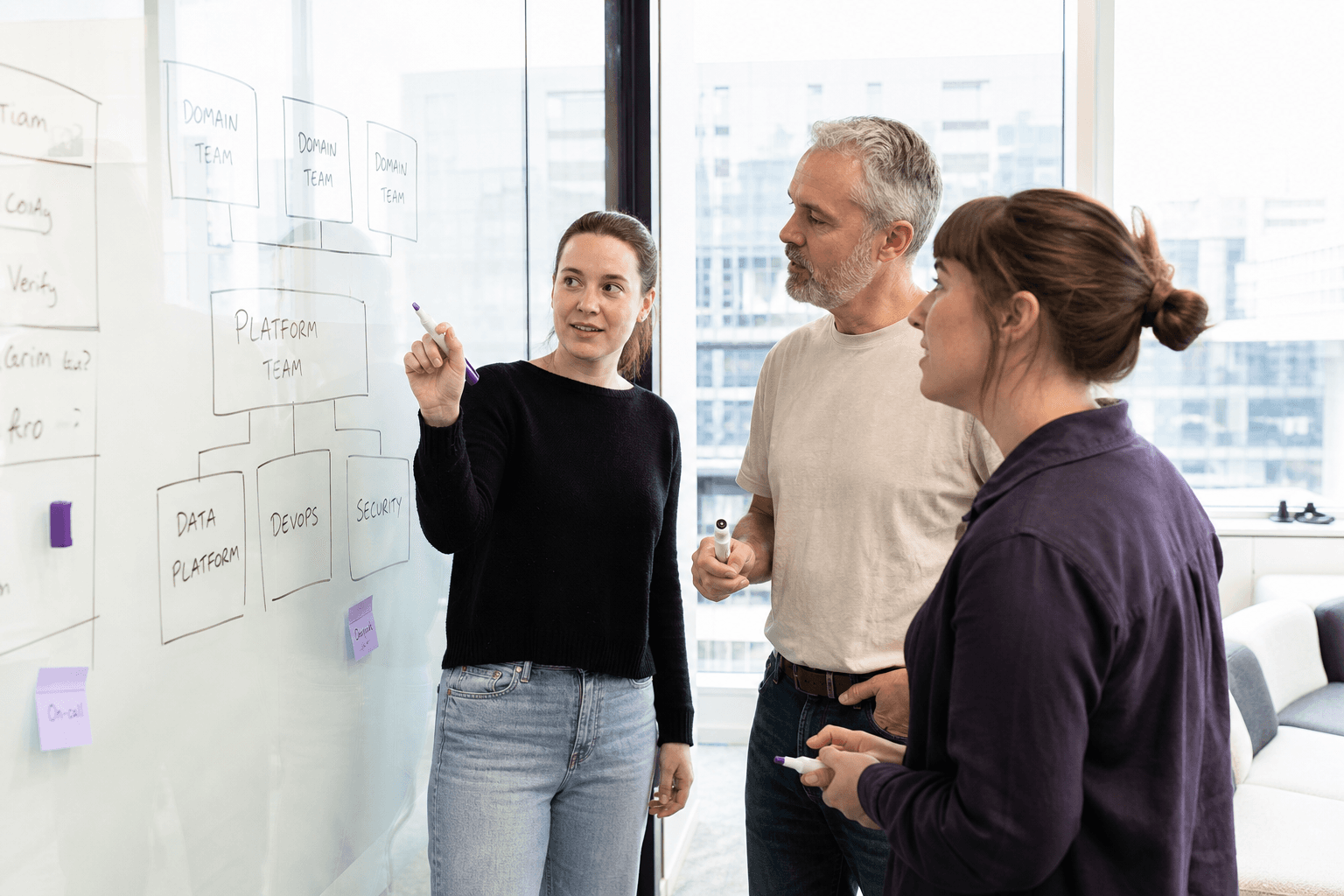 Three colleagues standing together in a bright office, discussing an organisational diagram of team boxes sketched on a glass whiteboard.