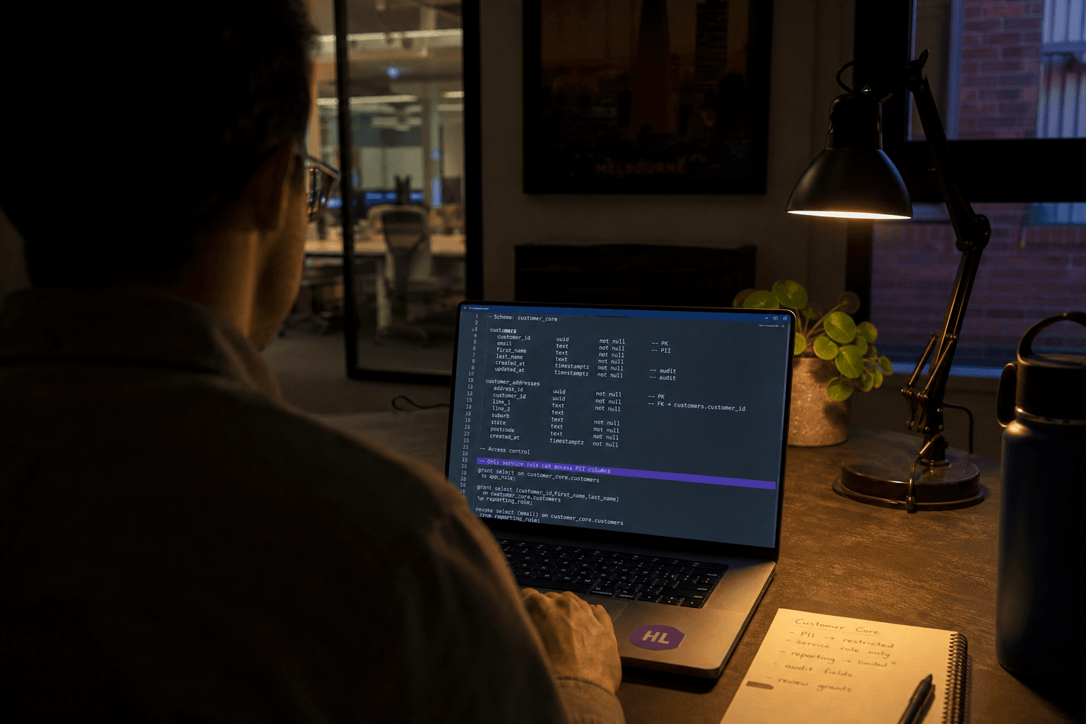Over-the-shoulder view of a person working late at a laptop, screen glow lighting their hands as they review data schema notes in a dim office.
