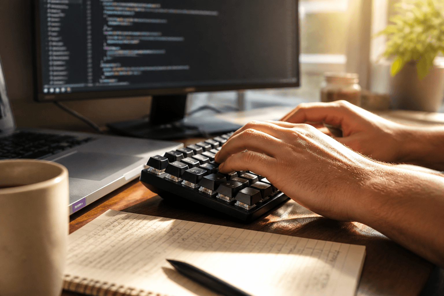 Close-up of a person's hands typing on a keyboard at a desk, with warm afternoon light highlighting the keys and a blurred monitor in the background.