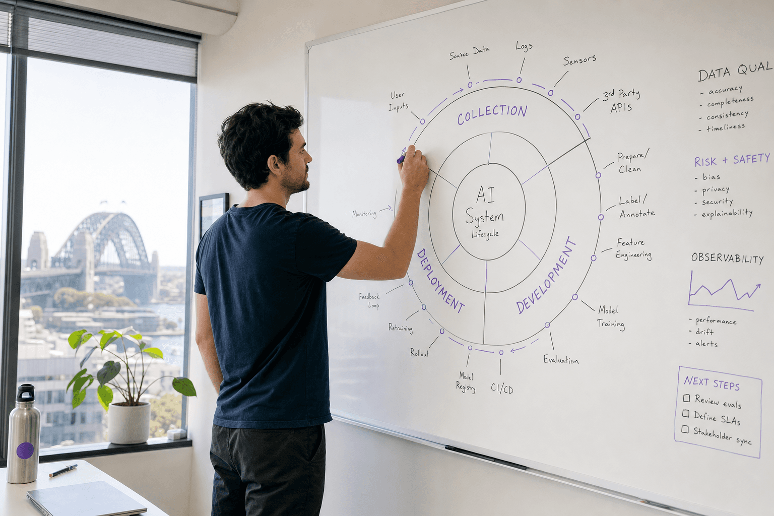 A male data engineer draws concentric rings and connecting labels on a whiteboard in a bright, window-lit Australian office meeting room, marker mid-stroke in a candid, unposed moment.