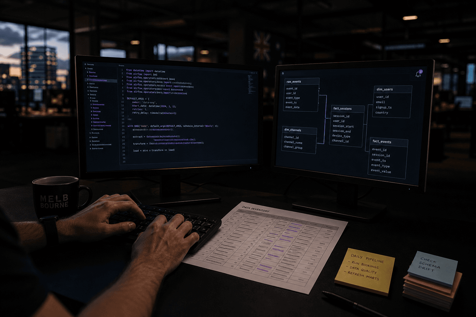 A developer's dual-monitor setup photographed at a low angle in a dark Australian office, with a terminal, schema diagram, printed spreadsheet, and sticky notes arranged in isolated pools of screen light against a deep charcoal background.