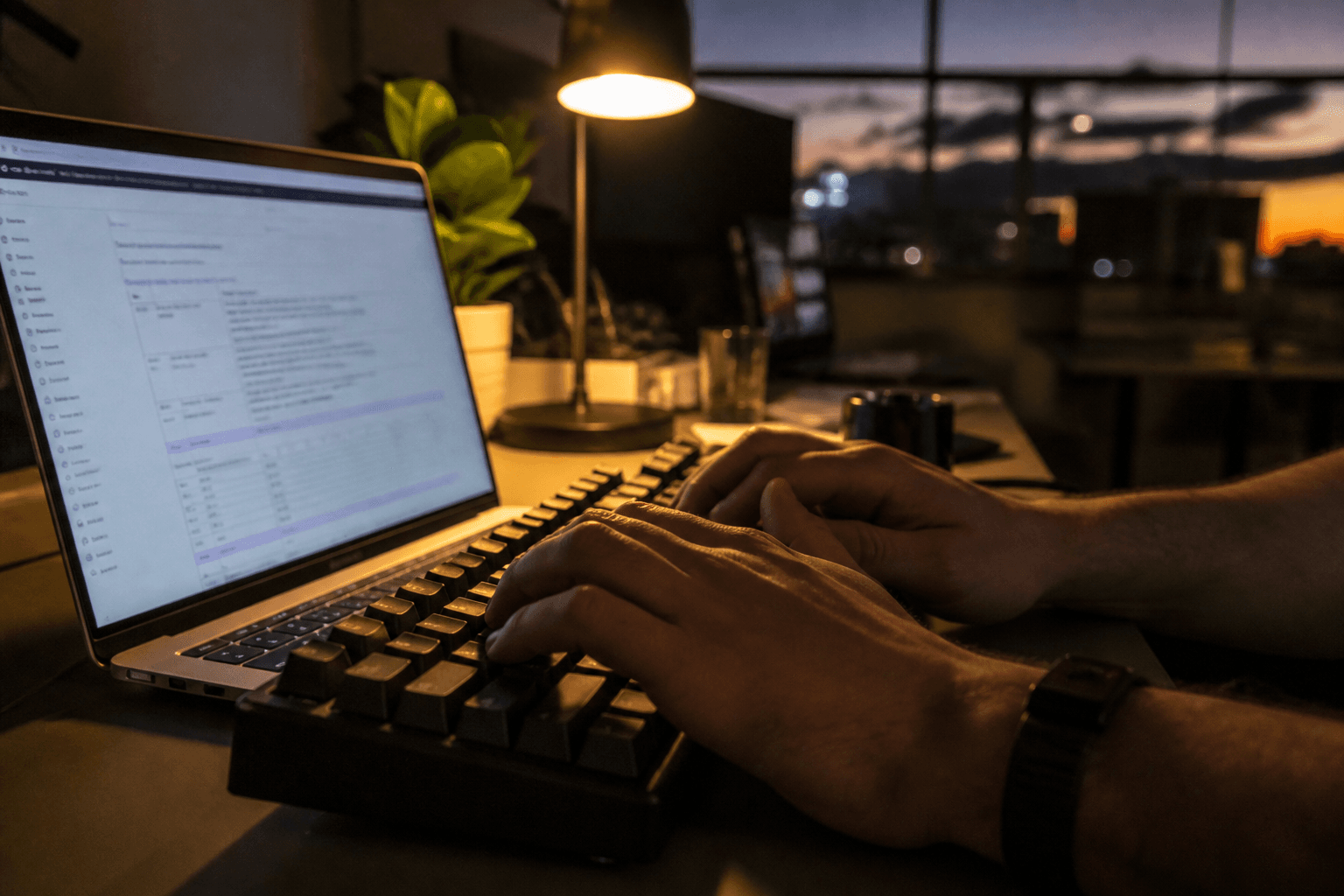 Close-up of hands typing on a keyboard at night, lit by a laptop screen showing a document and a warm desk lamp glow in a dim office.