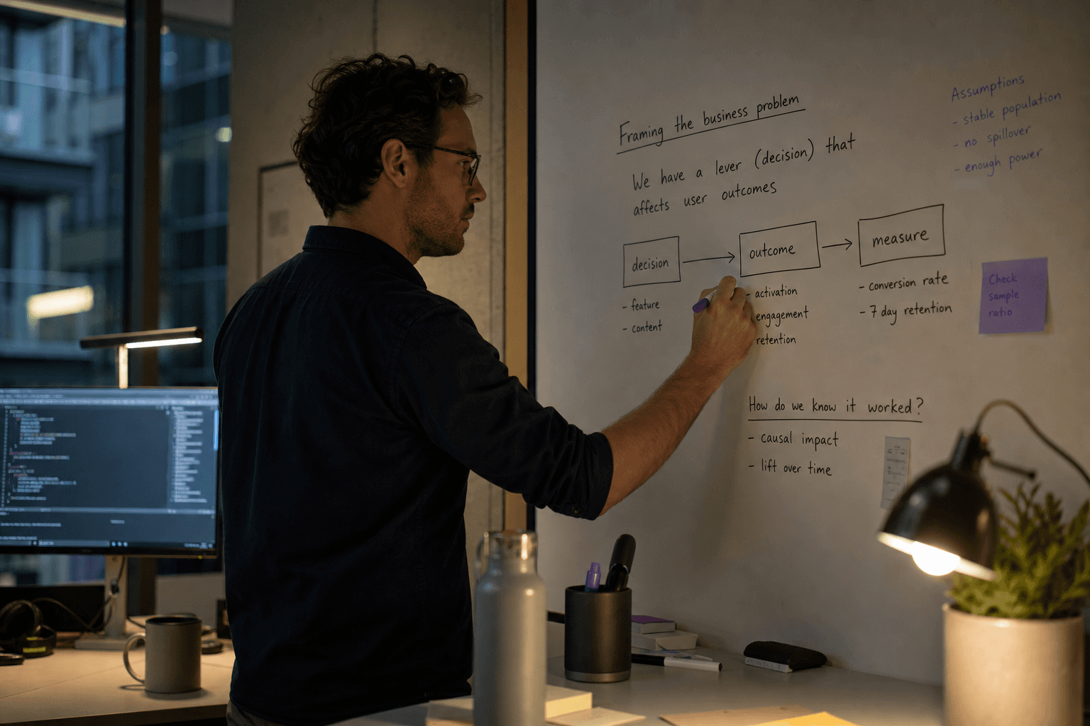 A consultant caught in profile writing on a whiteboard with a simple problem-framing diagram, lit by warm lamp light and screen glow in a dim room.
