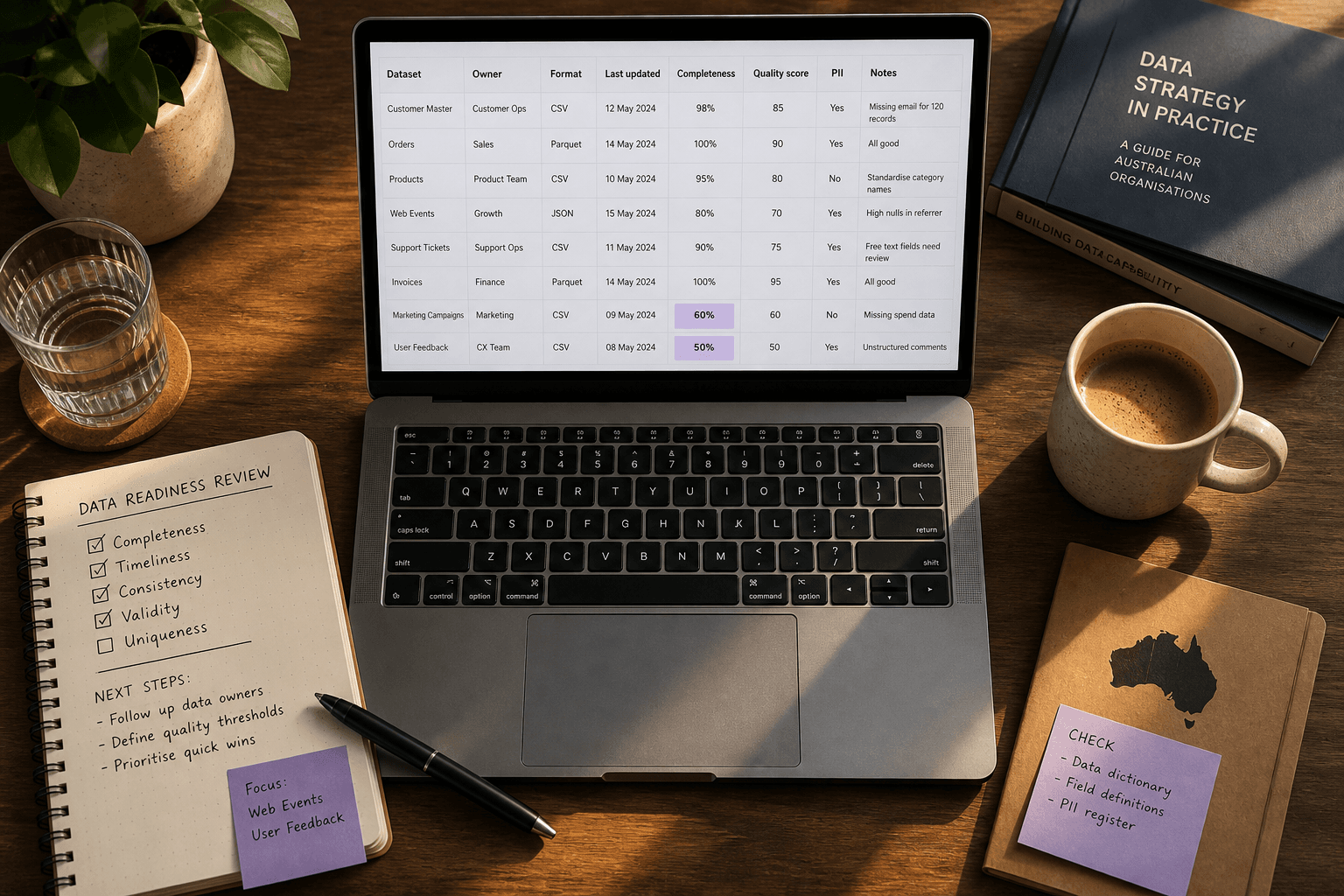Overhead view of a desk with a laptop showing a simple data table, a notebook with a handwritten checklist, and a coffee cup, lit by warm golden-hour light.
