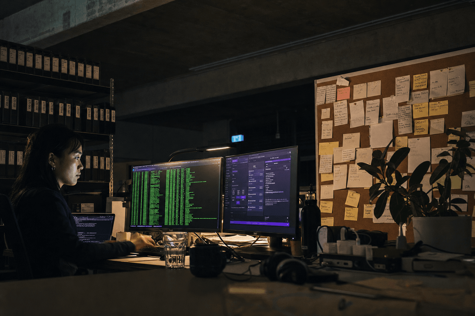 An ML engineer works at a dual-monitor desk in a dark Australian tech workspace at night, surrounded by storage drives and pinboards full of notes, screen glow and small violet UI accents the only sources of light.