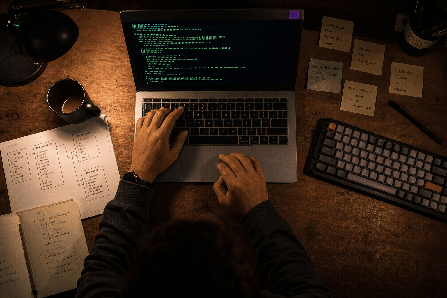 Overhead view looking straight down onto a dim desk, a data analyst's hands resting on a laptop keyboard showing a terminal window with SQL code, a printed schema diagram and sticky notes with handwritten field names spread across the surface, lit by warm task lamp and cool screen glow.