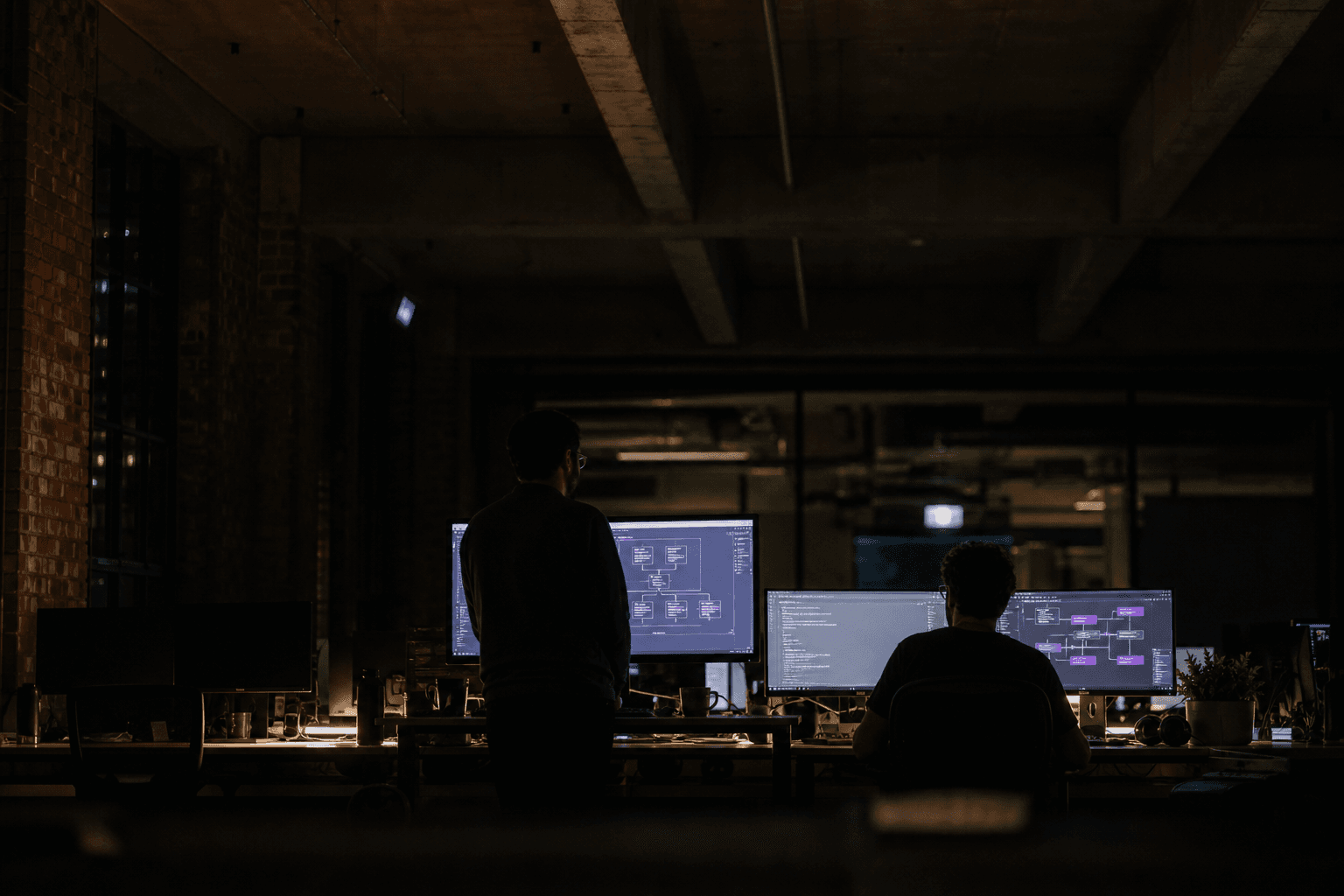 Two engineers are silhouetted in a dim Australian industrial-conversion office at dusk, a low band of monitor glow illuminating their desks where data warehouse and pipeline diagrams are visible on screens, the upper frame deep in shadow.