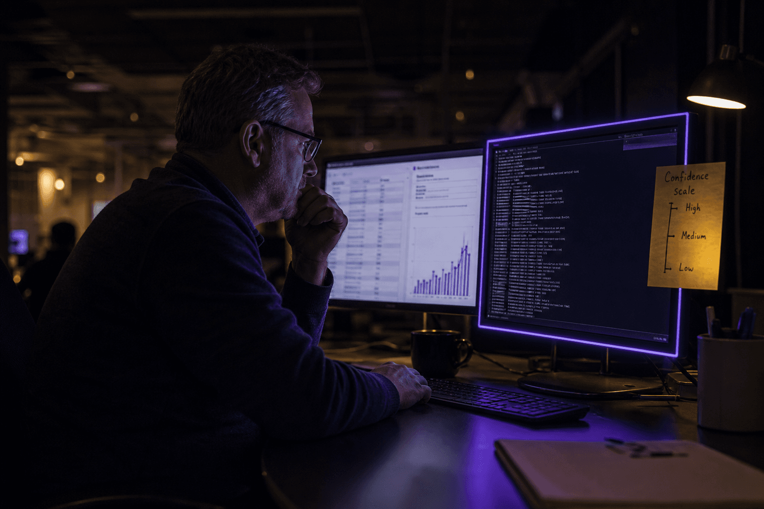 An engineer in his fifties leans toward a dual monitor in a dimly lit Australian office, his face lit by cool screen glow, with a dark open-plan workspace receding behind him and a sticky note confidence scale visible on the near monitor, soft violet light reflecting on the desk.