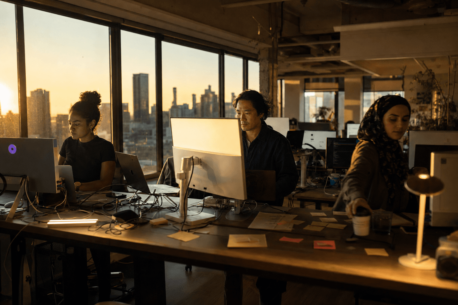 Wide-angle view across an open-plan Australian tech office at golden hour, three engineers silhouetted against bright windows along a long desk, one monitor glowing as a bright focal point amid warm and cool office lighting.