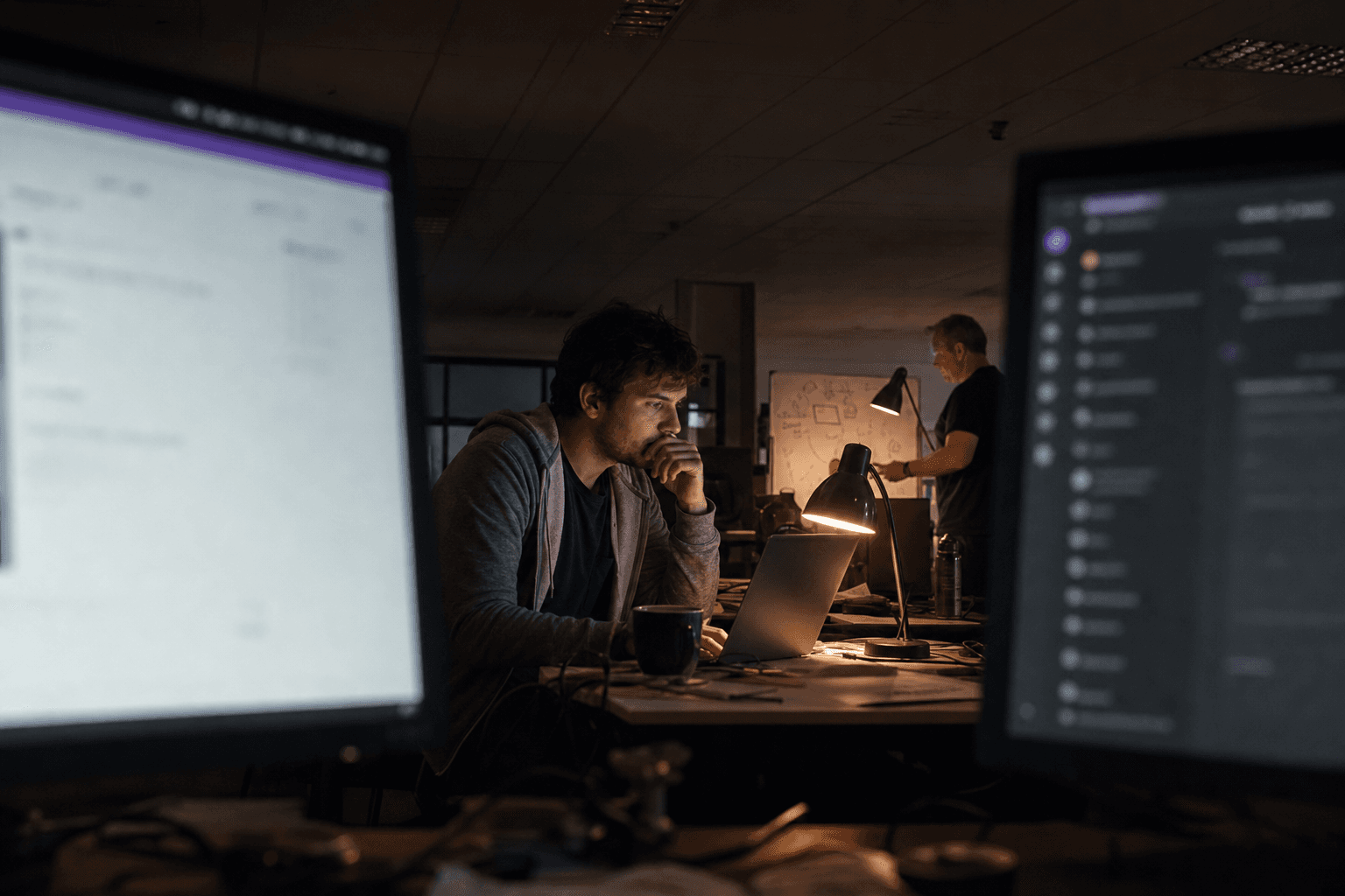 A software engineer sits in a dimly lit Australian office at night, face lit by screen glow, framed through the gap between two foreground monitors, with a warm task lamp casting light on the desk and a colleague visible out of focus in the background.