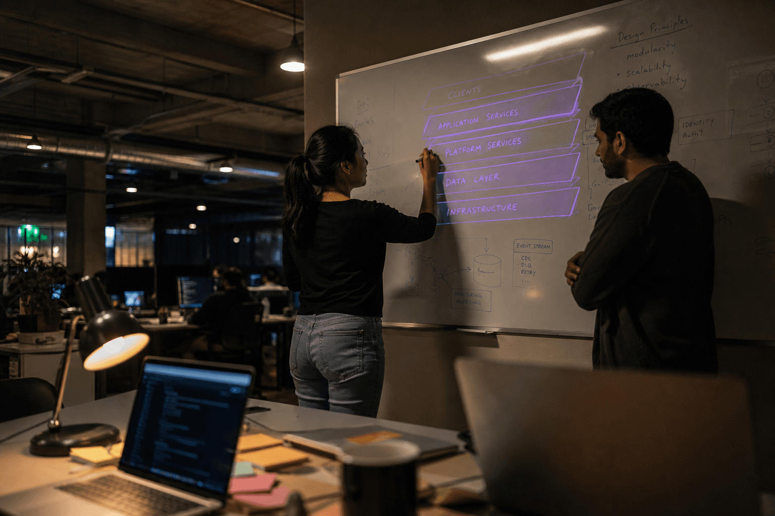 Two engineers stand at a whiteboard in a dimly lit Australian open-plan office, one drawing a layered architecture diagram in purple marker, with laptop-covered desks in the foreground and the office floor receding into darkness behind them.