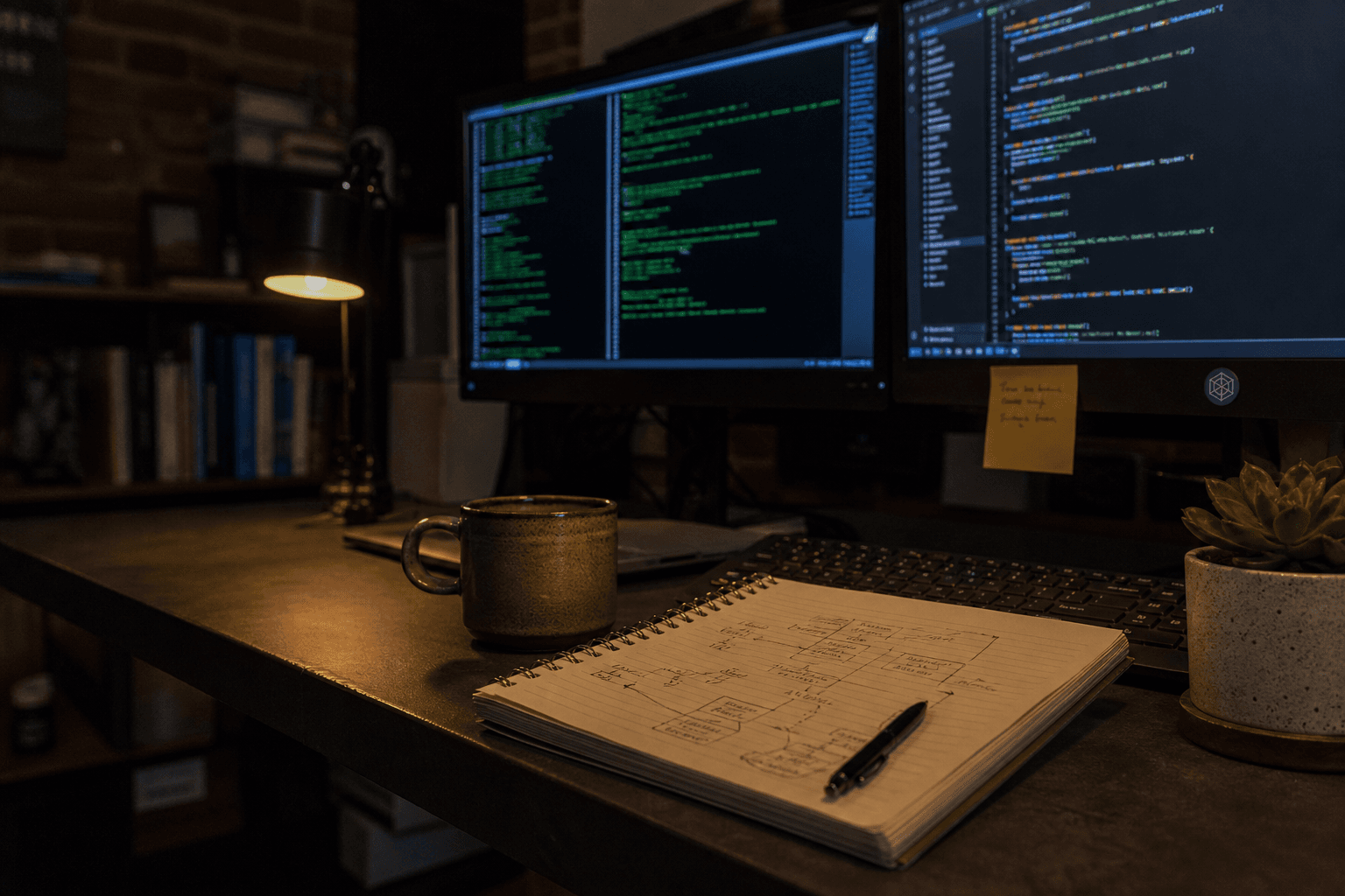 A standing desk workstation in a dimly lit Australian tech office, lit by warm task lamp and monitor screen glow, with open notebooks showing hand-drawn diagrams, a coffee mug, and a code editor visible on screen.
