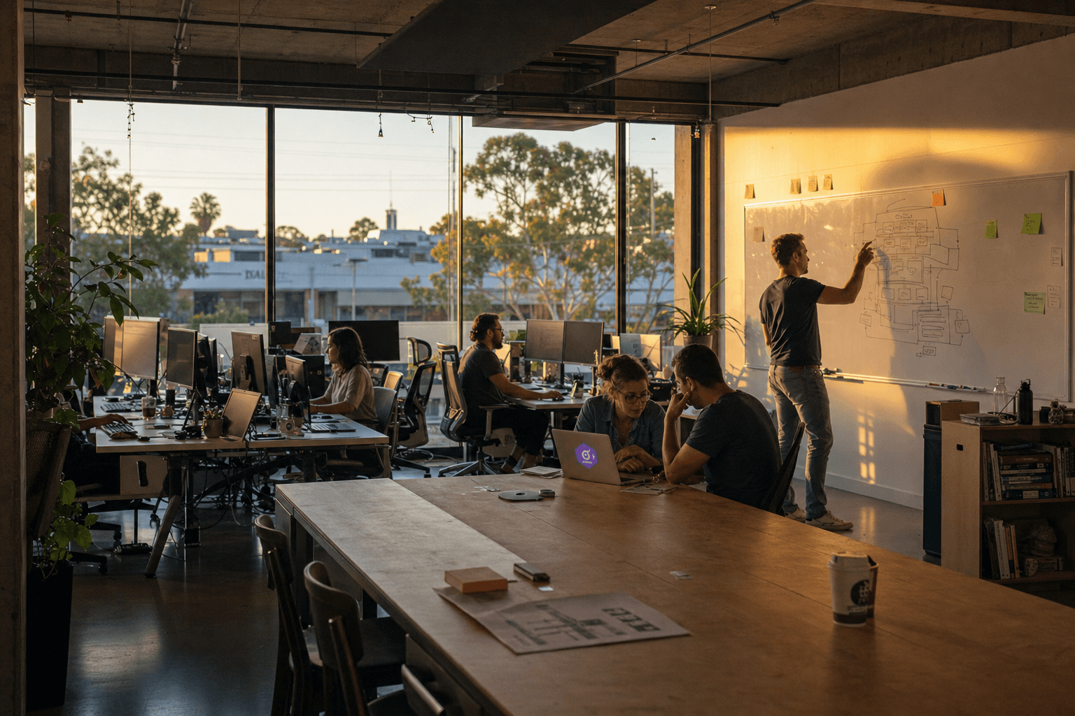 Wide view of an open-plan Australian tech consultancy office in golden afternoon light, with engineers at standing desks and a whiteboard in the background, real urban streetscape visible through large industrial windows.