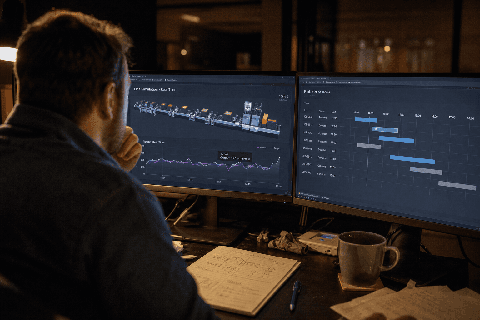 Over-the-shoulder view of an engineer at a dimly lit desk studying a simulation graph and scheduling timeline on dual monitors, lit by screen glow and a warm desk lamp.