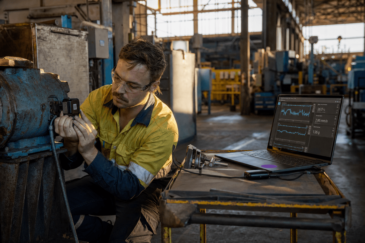 A technician in safety gear kneels beside older factory machinery attaching a small sensor, with a laptop showing live readings nearby, lit by warm late-afternoon sunlight through factory windows.