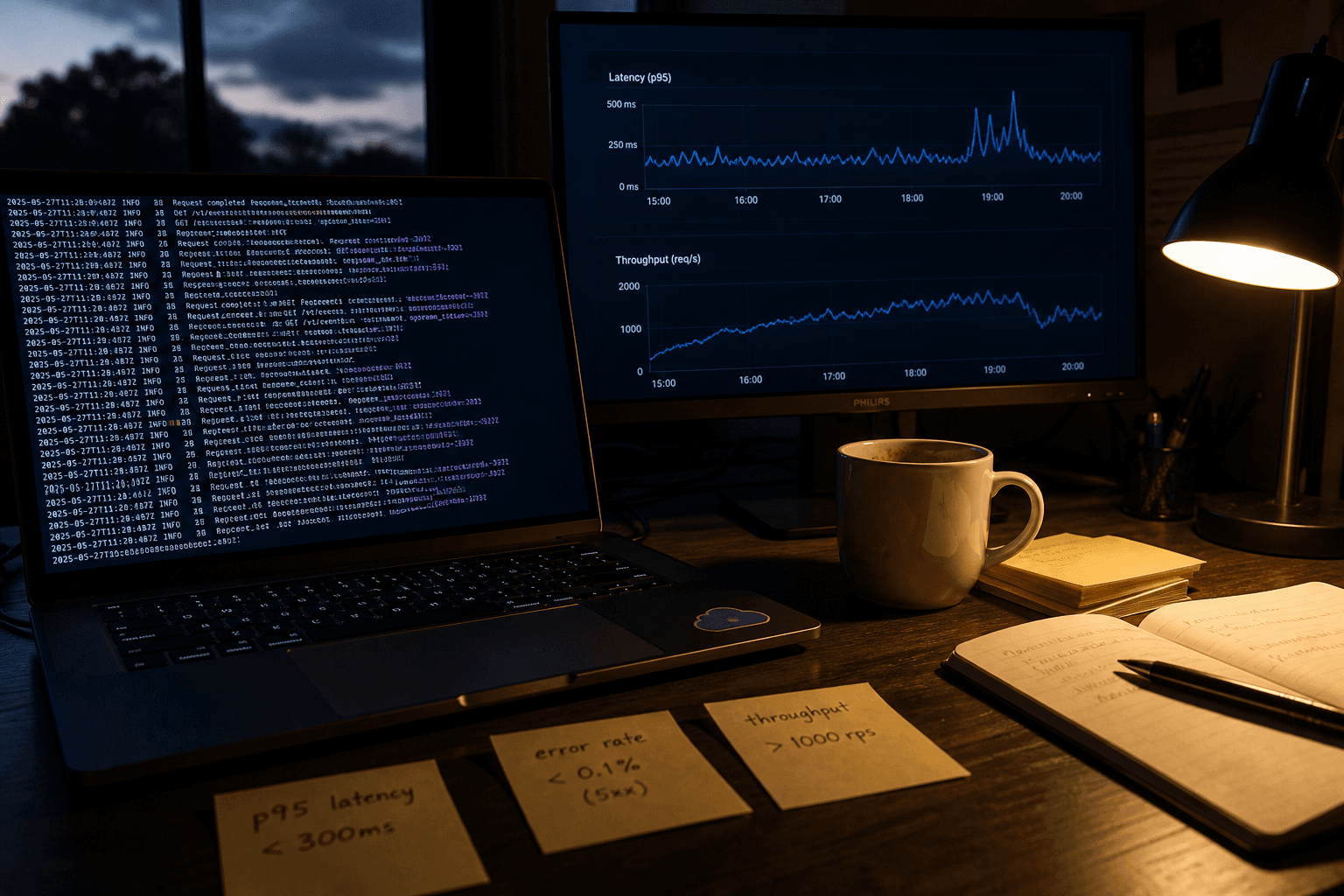 An empty desk at dusk shows a laptop with terminal logs and a monitor with performance graphs, lit by a warm desk lamp against a dim office background.
