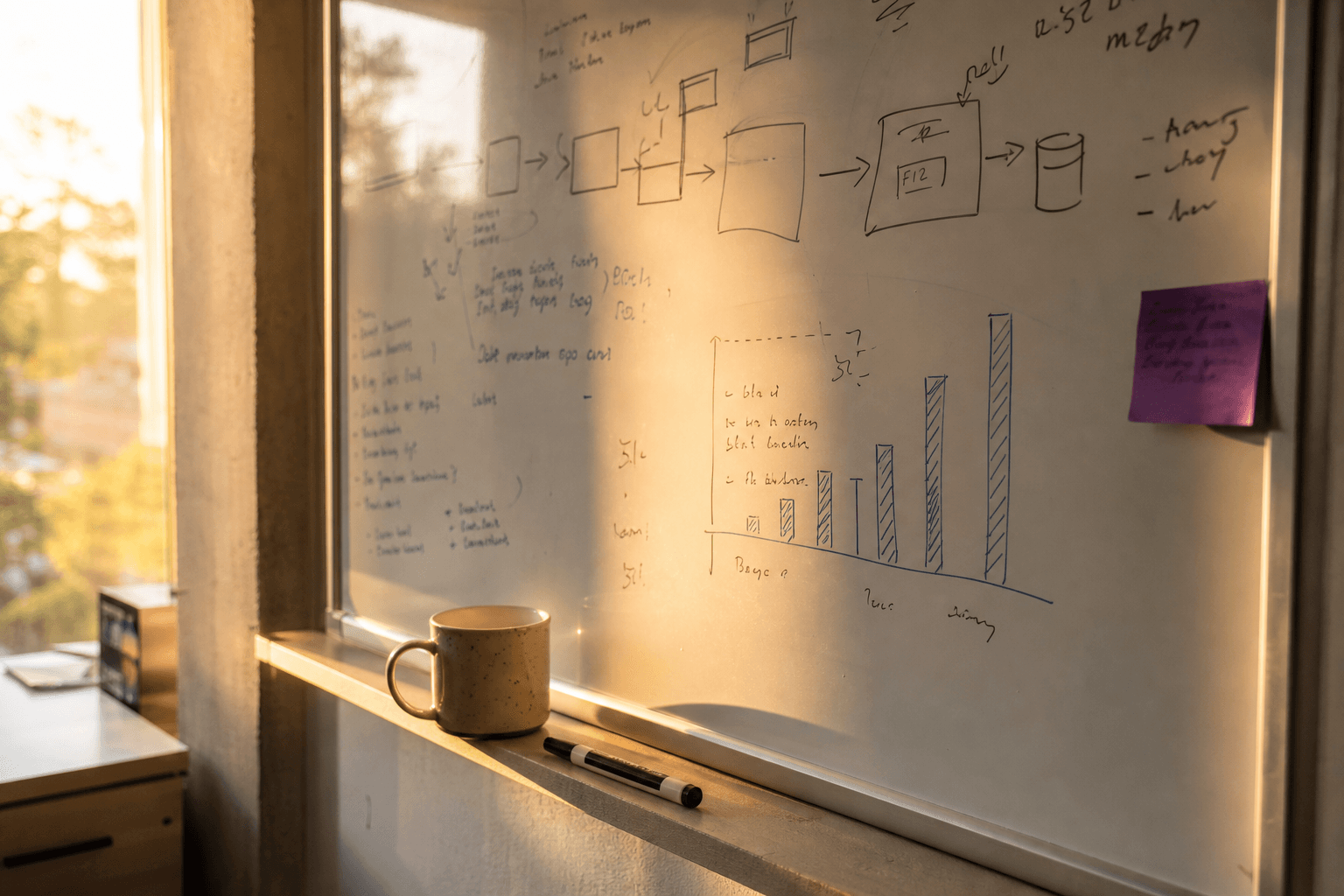 Close-up of an office whiteboard with hand-drawn pipeline diagrams and a rough bar chart, lit by warm late-afternoon window light, with a small violet sticky note on the edge.