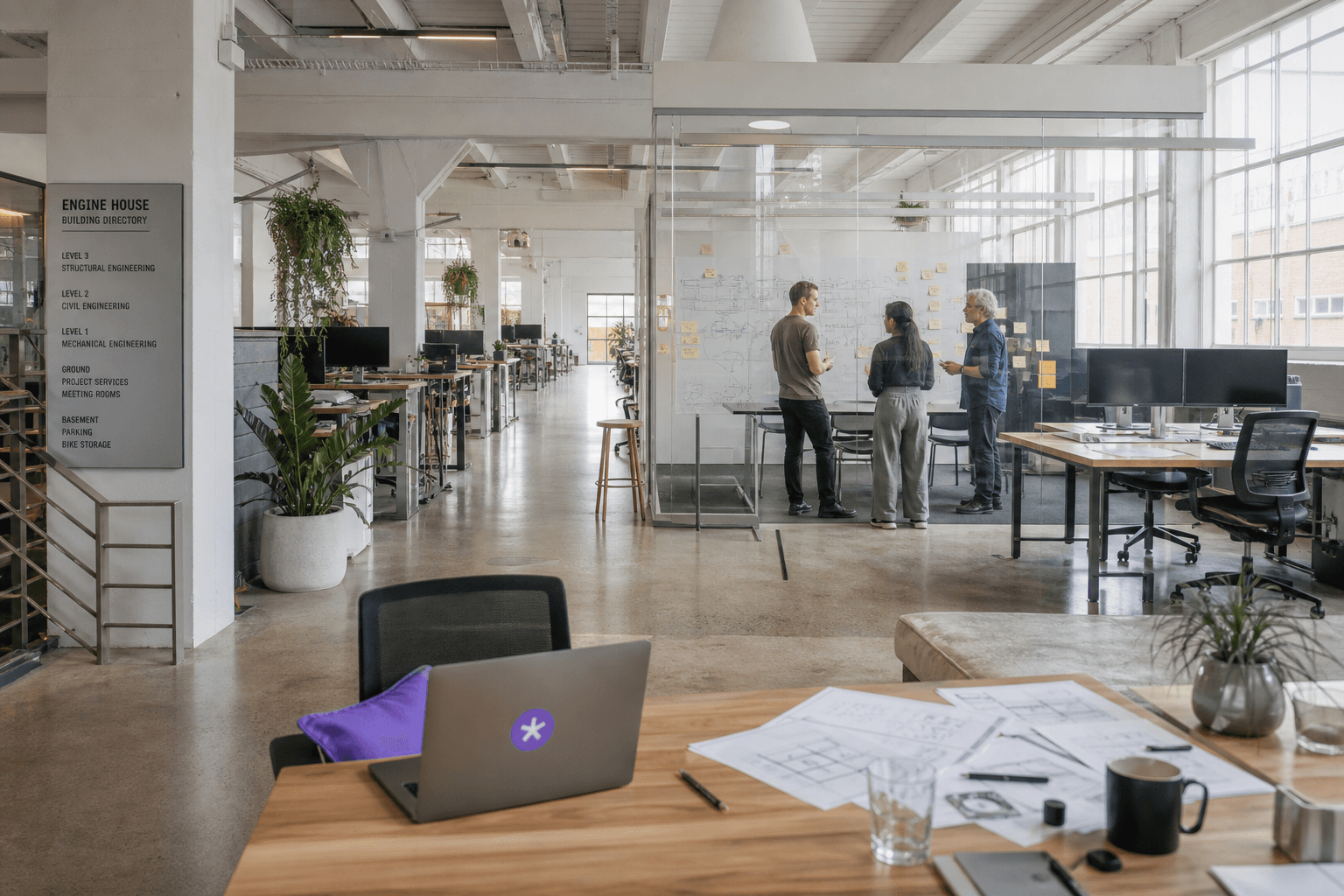 Wide daylight view of an open-plan office with three engineers gathered at a glass wall covered in sticky notes, rows of empty standing desks in the foreground.