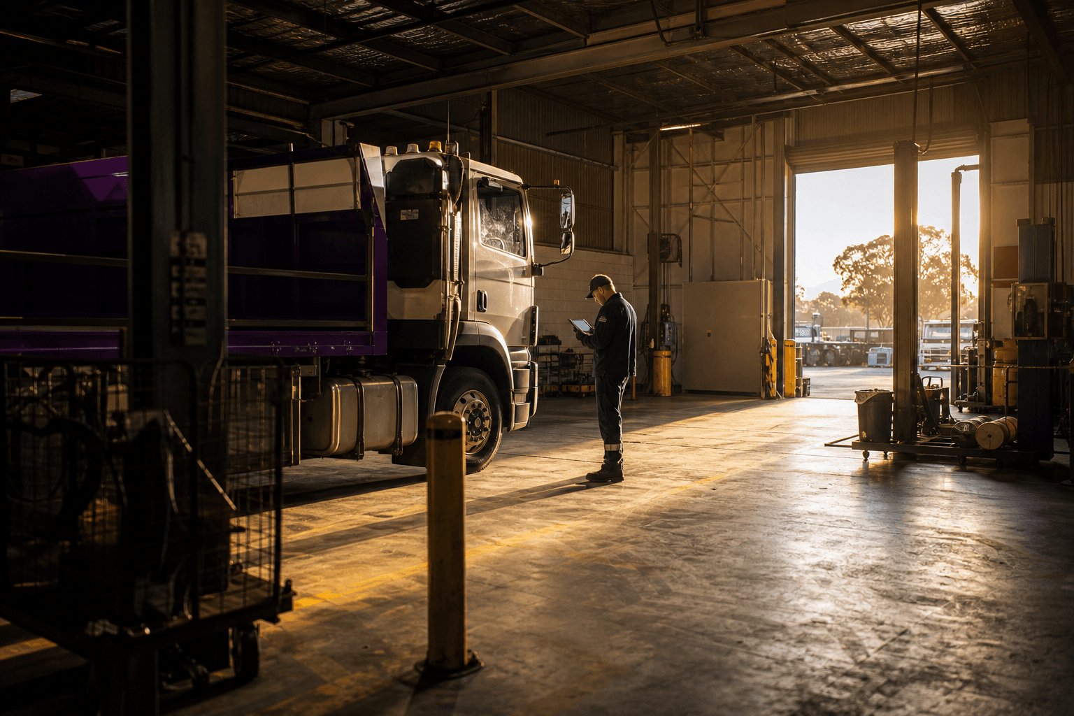 A wide view of an Australian logistics depot at golden hour, with a small figure of an engineer checking a tablet beside a parked truck fitted with onboard computing equipment near an open roller door.
