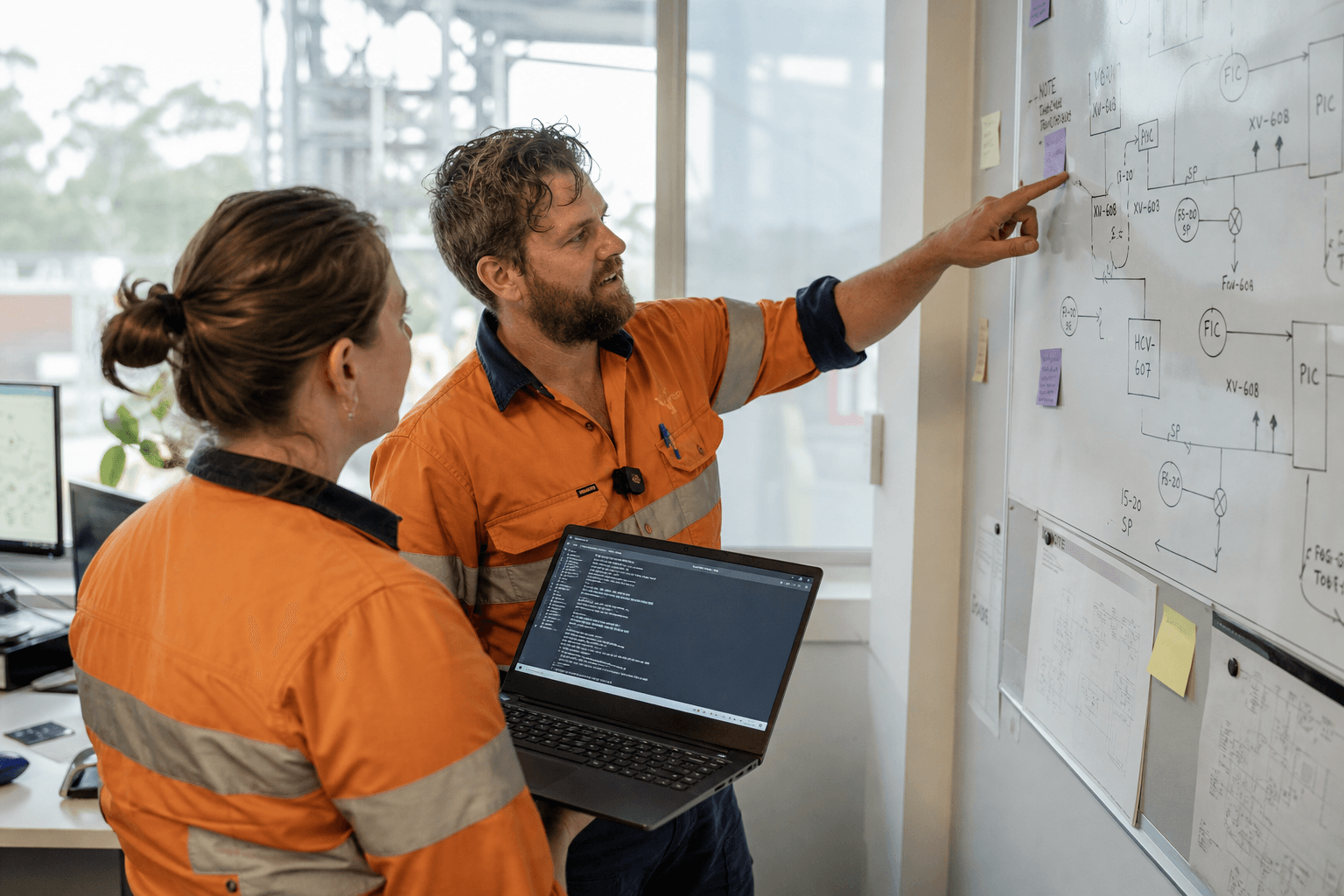 Two engineers collaborating in a bright office, one pointing at a whiteboard with system diagrams while the other reviews a laptop terminal window, daylight streaming through large windows.