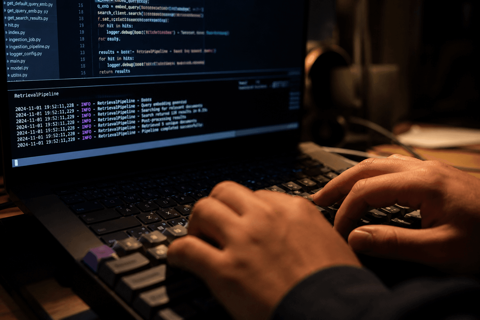 Close-up of hands typing on a mechanical keyboard at night, lit by laptop screen glow and a warm desk lamp, with code and terminal logs visible on the screen.