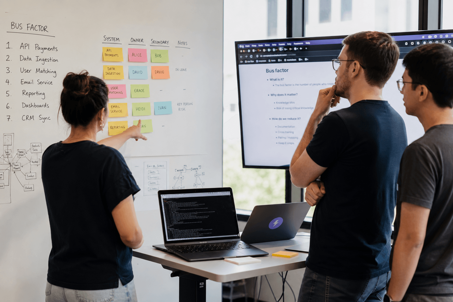 Three engineers in a bright office collaborating at a standing desk, one pointing to a whiteboard mapping systems to their owners and backups, with sticky notes and a laptop nearby.