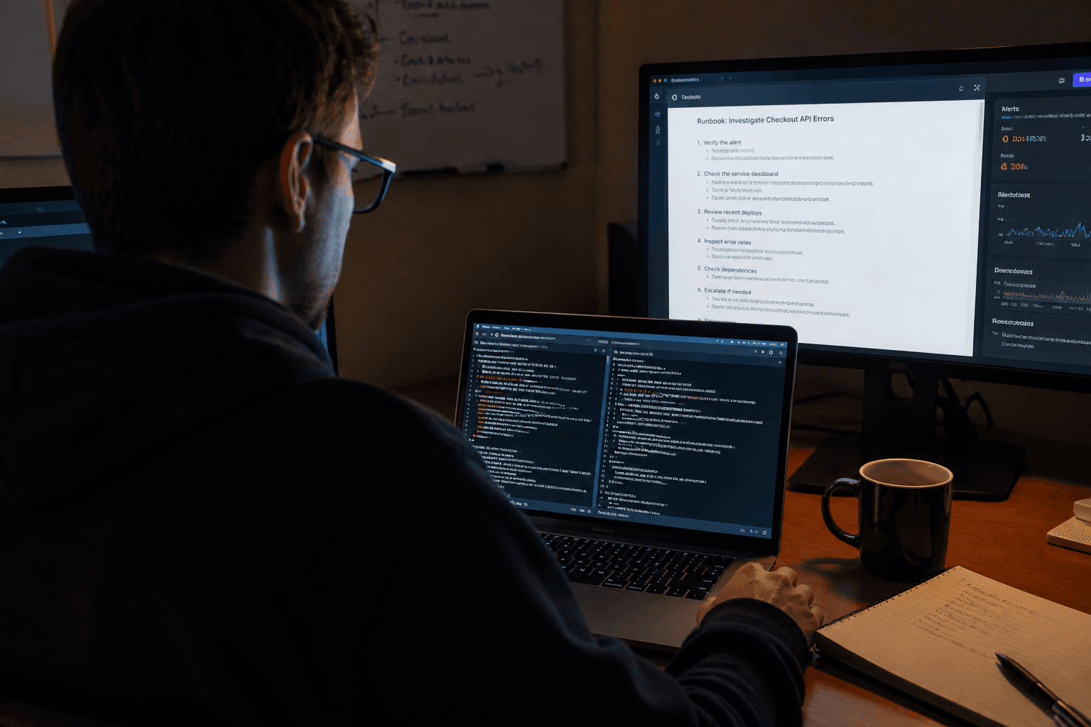 Over-the-shoulder view of an engineer at night working on a laptop showing a runbook document with numbered steps, lit by screen glow and a desk lamp in a dim office.