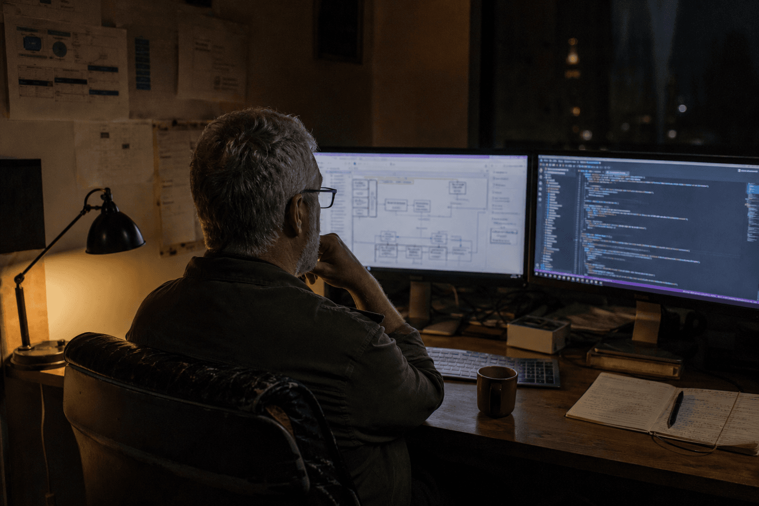 Over-the-shoulder view of an engineer working late at a dual-monitor desk showing architecture diagrams, lit mainly by screen glow and a warm desk lamp in a dim office.
