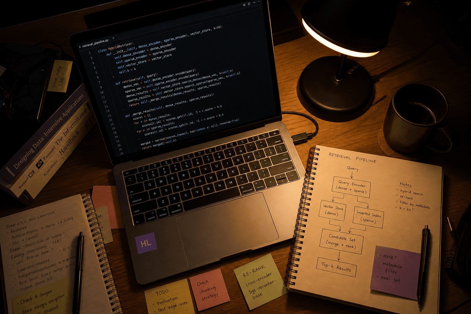 Overhead view of a desk with an open laptop showing code, a notebook with hand-drawn diagrams, sticky notes and a coffee cup, lit by warm lamp light in a dim room.