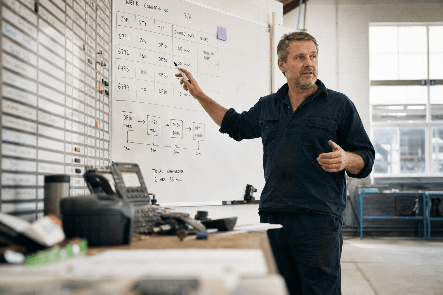 Low-angle view from a factory floor looking up at a production planner standing beside a whiteboard covered in a hand-drawn scheduling diagram, lit by bright daylight from warehouse windows.