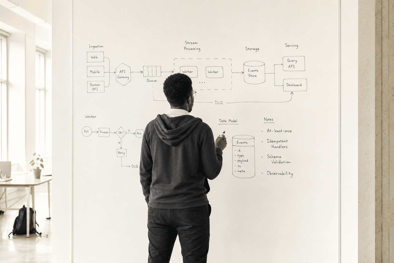 A Black male engineer stands facing a large whiteboard covered in system architecture diagrams in a bright, light-filled Australian office, with a single violet-highlighted line as the only colour accent.