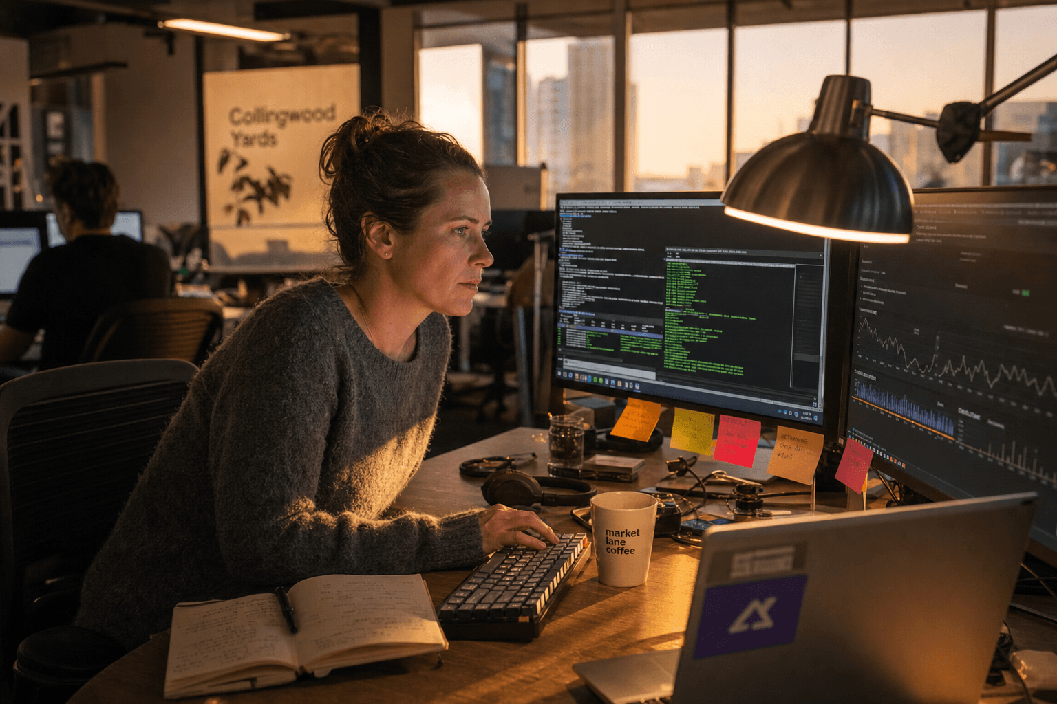An ML engineer in her mid-thirties sits at a multi-monitor workstation in a warm golden-hour Australian tech office, studying model training logs on a terminal screen, with a notebook and sticky notes beside her keyboard and a soft bokeh of the open-plan workspace behind her.