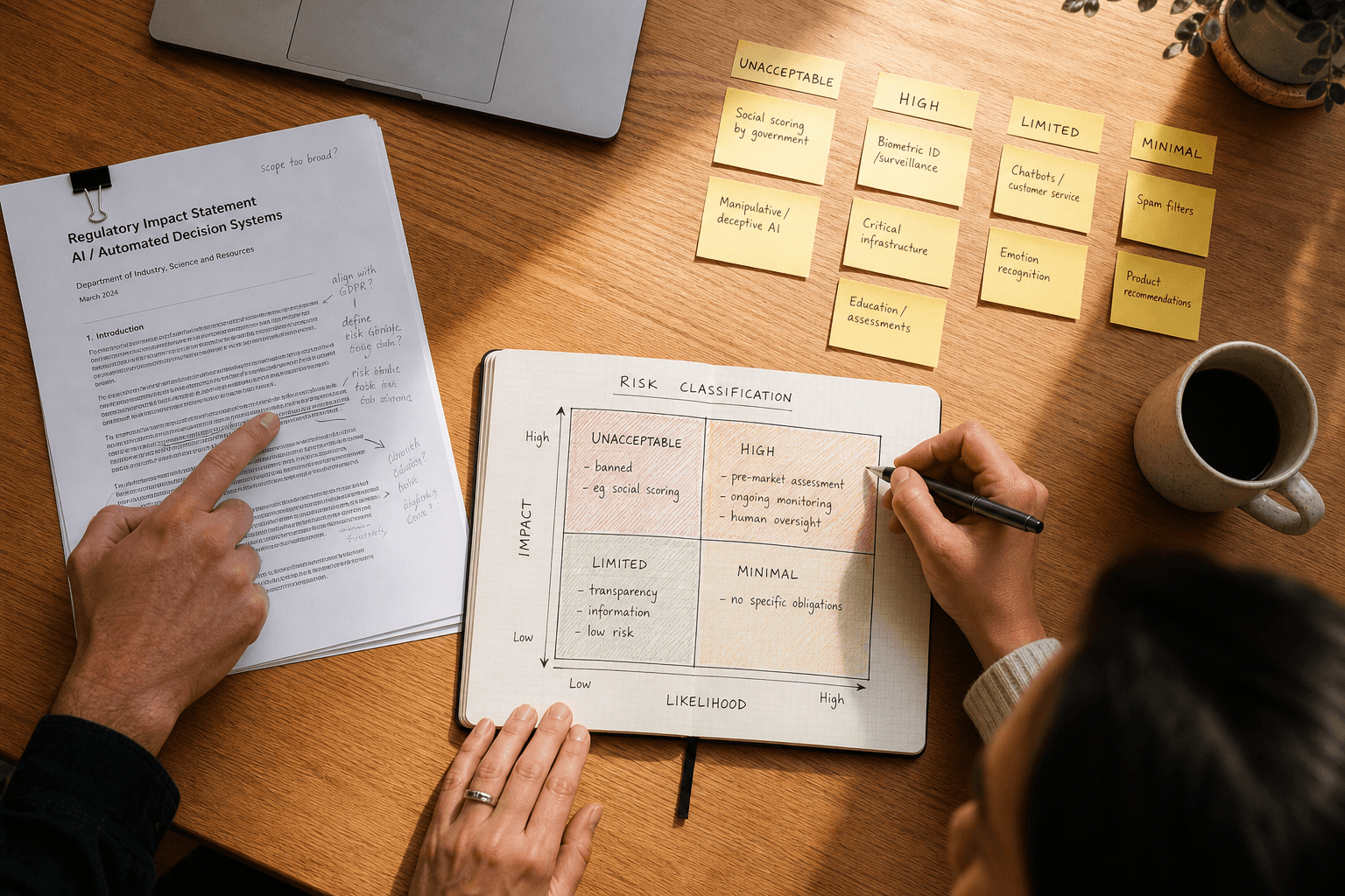 Overhead view of a shared work desk with printed regulatory documents, handwritten risk-tier diagrams on a notepad, and sticky notes arranged in categories, with two pairs of hands annotating the materials in warm afternoon light.