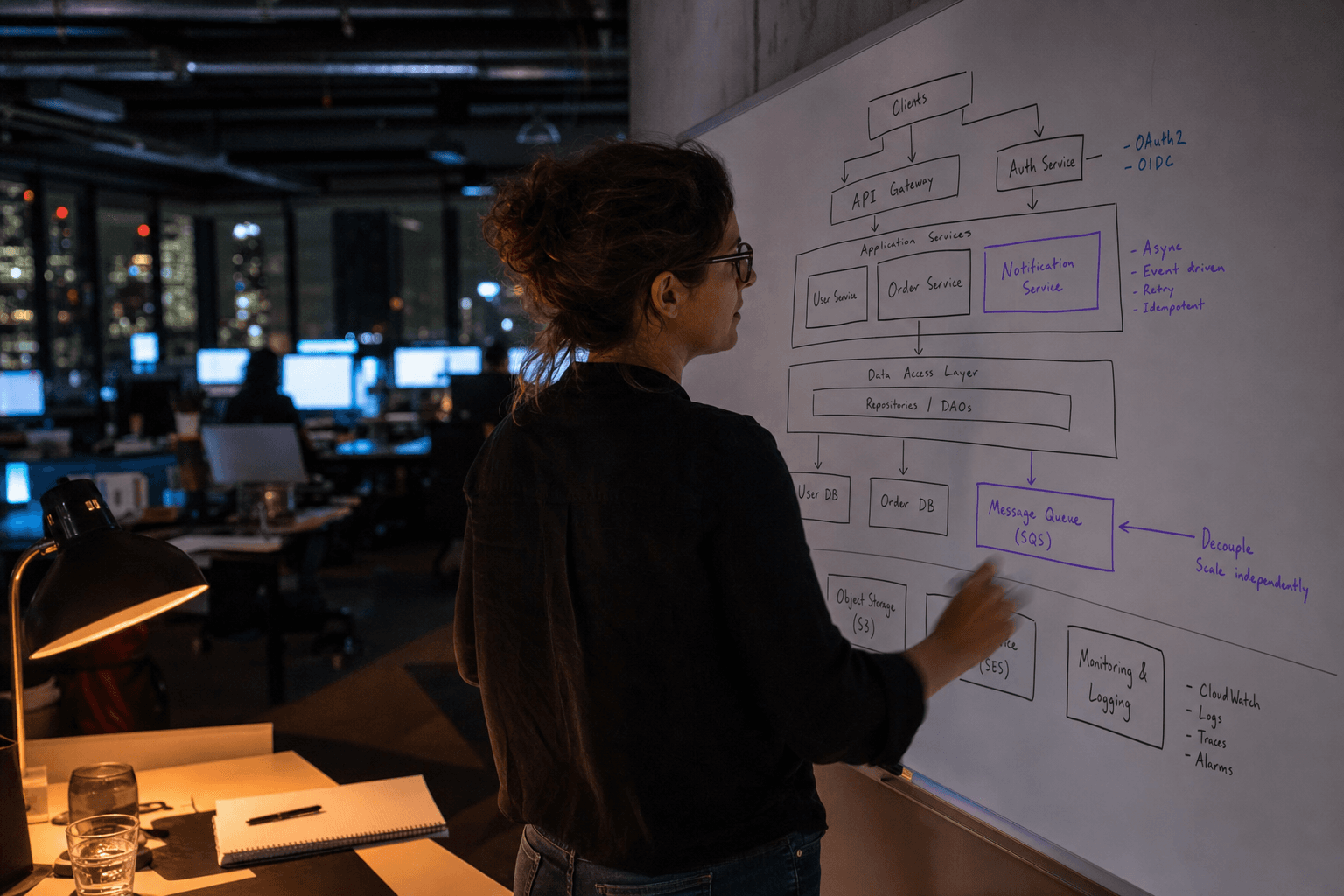 A female software architect draws a layered system architecture diagram on a whiteboard in a dark Melbourne office, lit by screen glow from rows of monitors receding behind her.