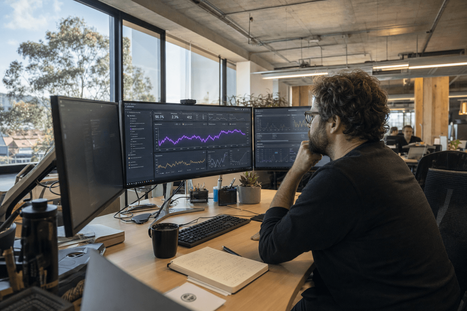 A male data engineer leans toward a central monitor displaying system health metrics with a bright violet graph line, surrounded by secondary screens and desk items in an Australian open-plan office.