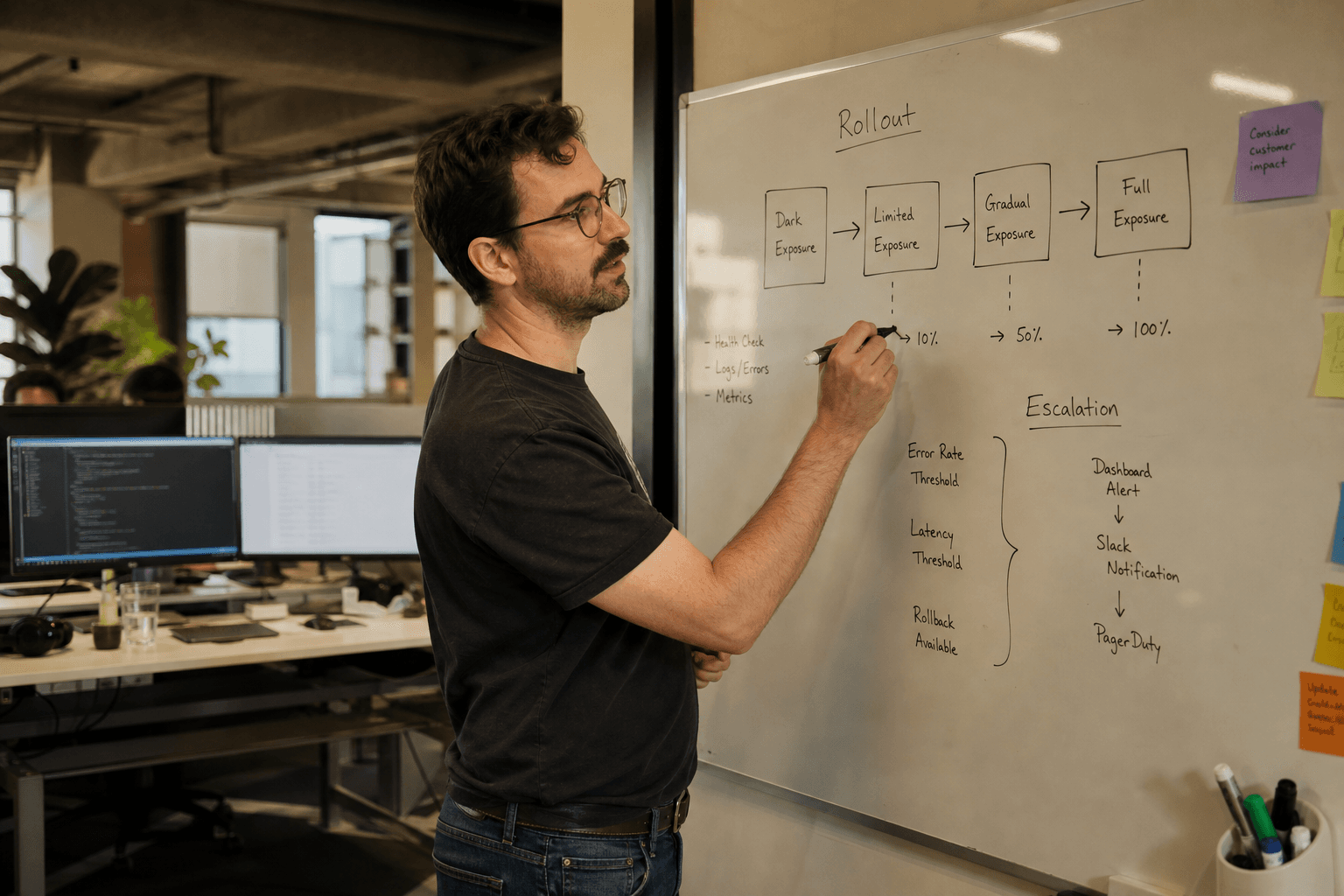 An engineer stands at a whiteboard in a sunlit office sketching a staged rollout diagram, with a standing desk and monitors visible behind them.