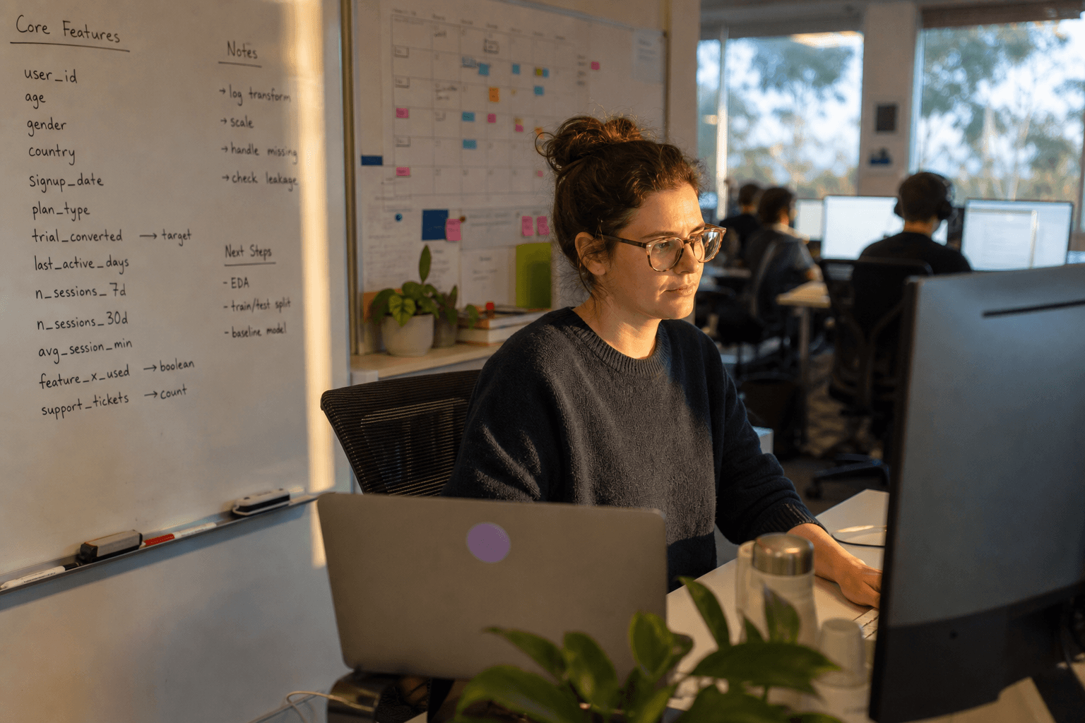 A data scientist sits at a desk in a warmly lit Australian office in late afternoon, facing a monitor, with a whiteboard of handwritten feature notes and colleagues working in the background.