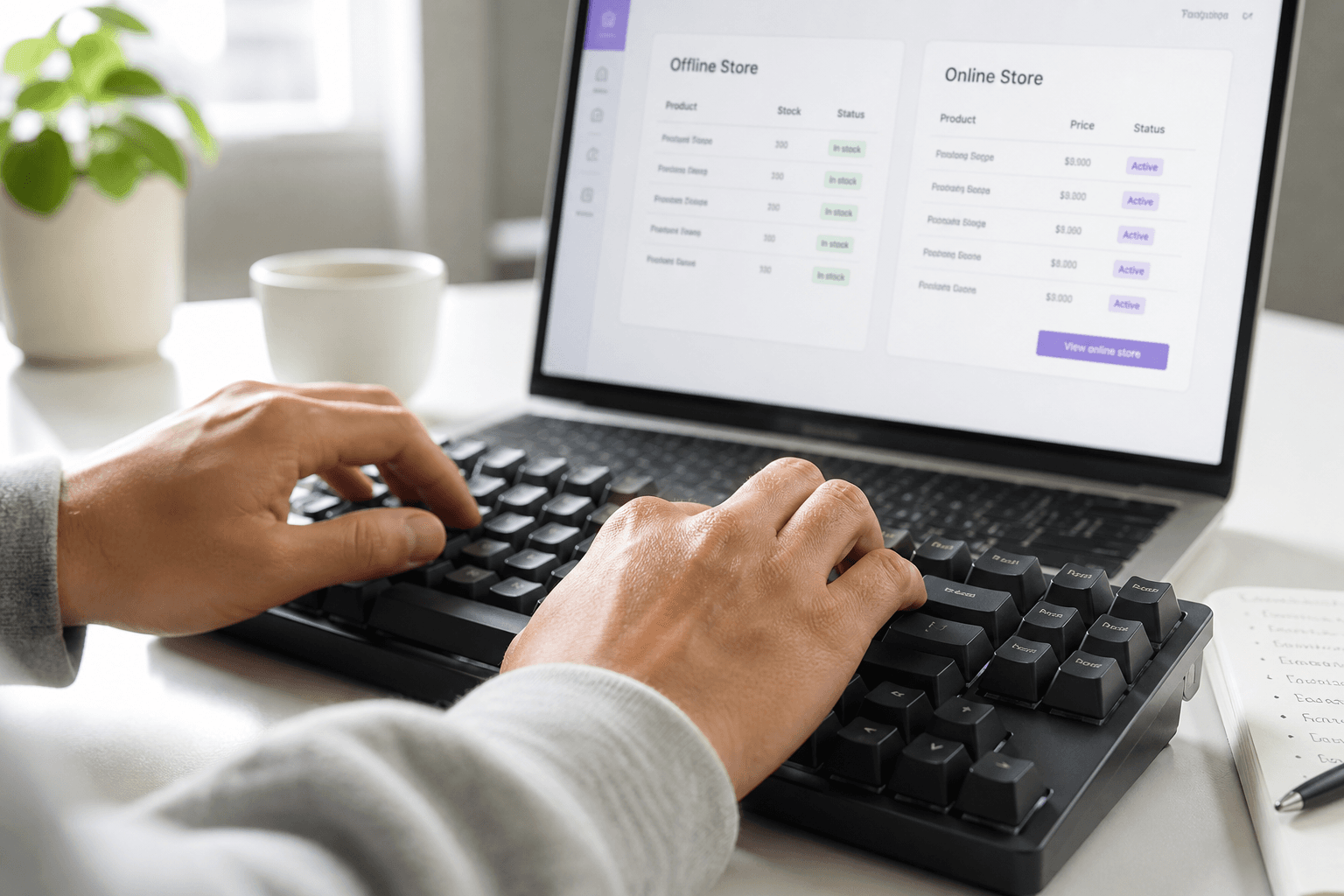 Close-up of hands typing on a keyboard in bright daylight, with a laptop screen in soft focus behind showing a simple split-pane interface representing an offline and online data store.