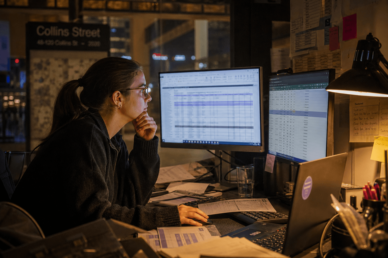 A finance professional sits at a dimly lit desk late in the evening, their face lit by screen glow and a warm desk lamp, surrounded by spreadsheets and reports.