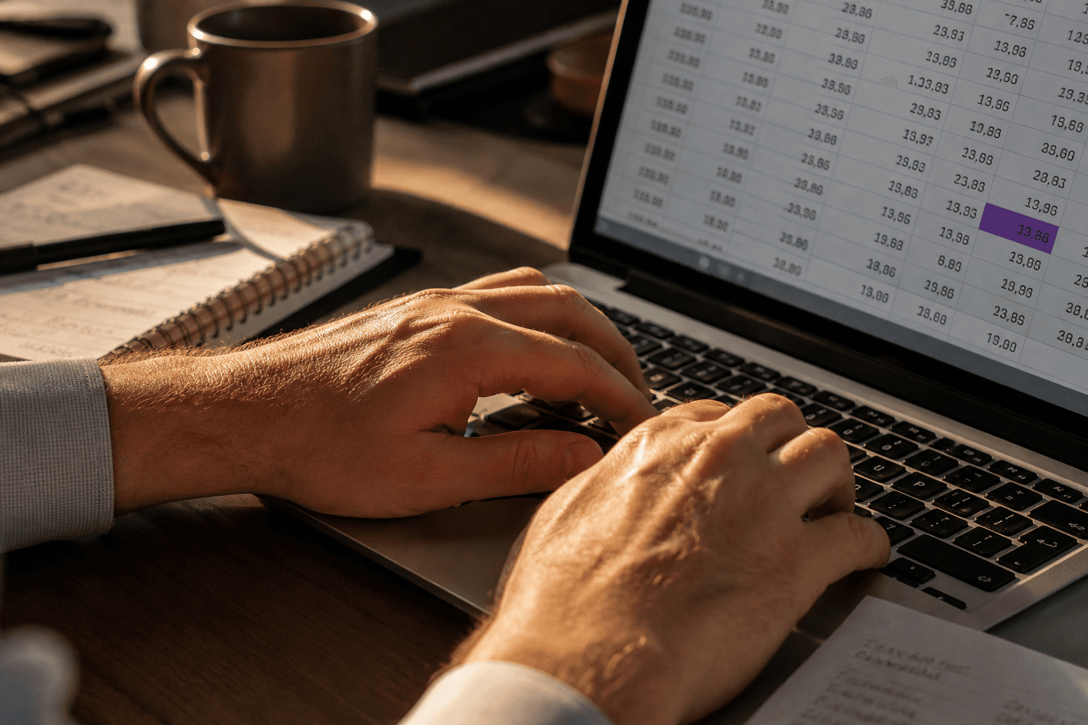 Close-up of hands typing on a keyboard with a laptop screen showing rows of numerical data softly blurred in the background, lit by warm late-afternoon light.