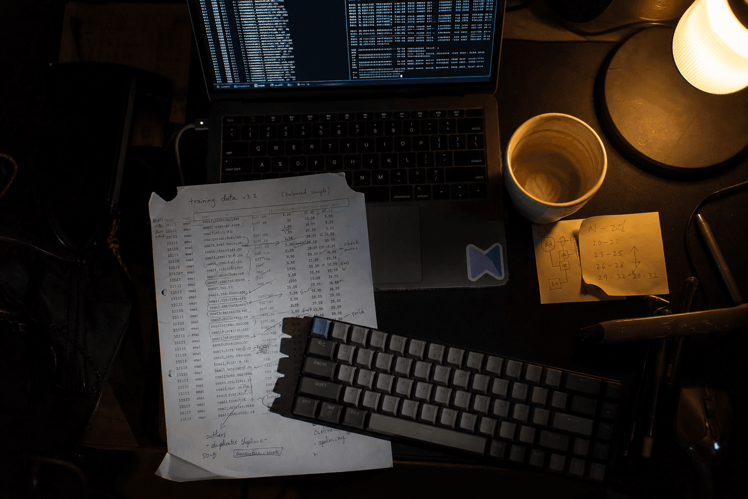Overhead view of an engineer's desk at night showing a laptop with a terminal session, hand-annotated training data printout, mechanical keyboard, and a flat white coffee, lit by screen glow and a warm task lamp in a dim Australian tech workspace.