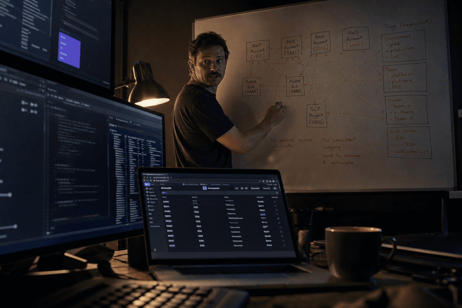 Low-angle view past desk monitors toward an engineer sketching a messy diagram of scattered cloud accounts on a whiteboard in a dim office lit by screen glow and a desk lamp.