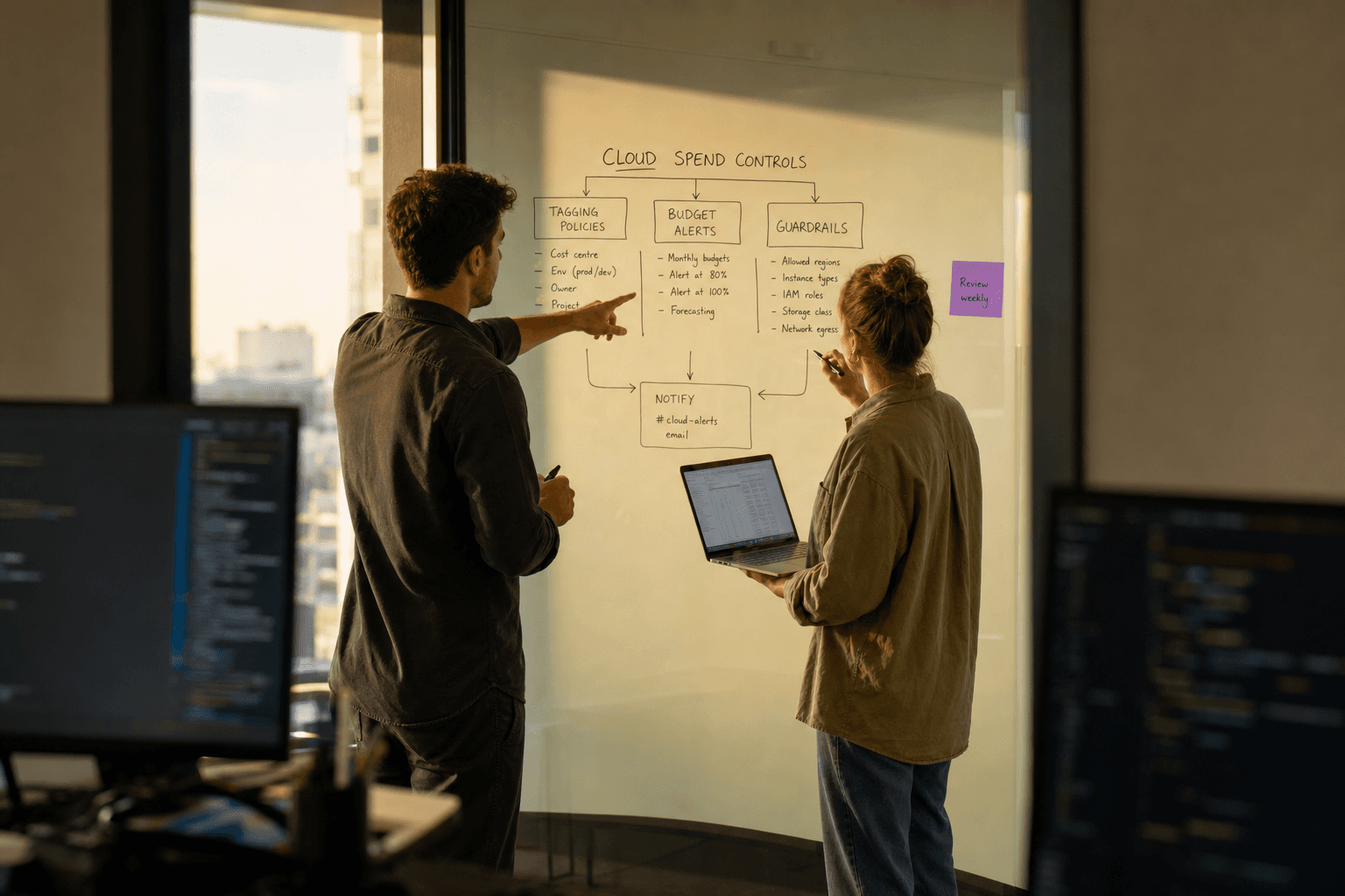 Two engineers seen through a doorway between monitors, discussing a whiteboard diagram of tagging policies, budget alerts and guardrails in warm afternoon light.