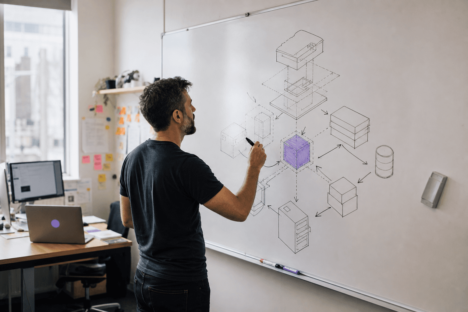 A male engineer stands at a large whiteboard in a bright Australian office, sketching an exploded isometric system architecture diagram in marker, with generous white space around the technical drawings and a laptop with a purple sticker on the desk beside him.