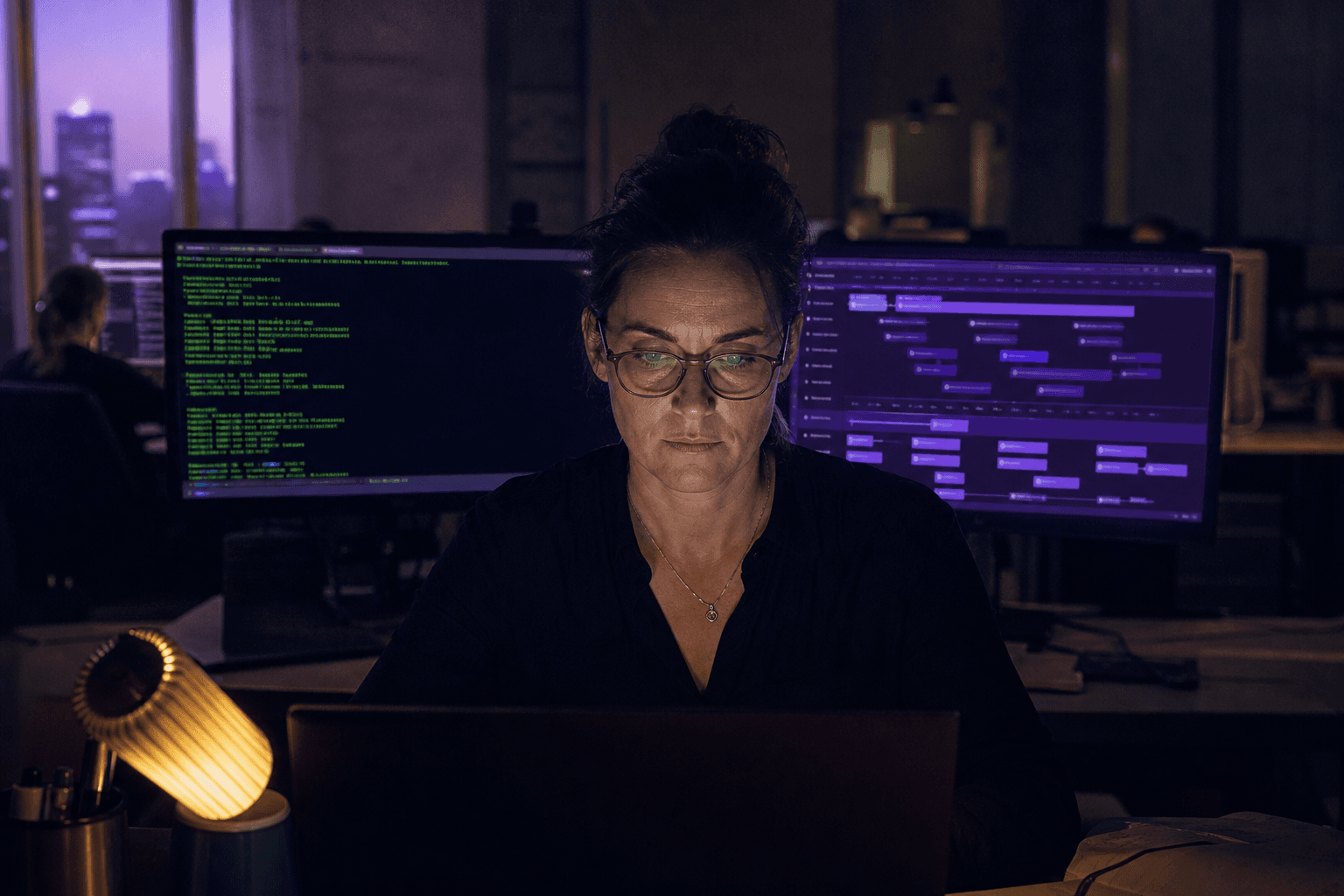A woman developer in her forties sits front-on at a dual-monitor workstation in a darkened Australian office at dusk, her silhouette centred in the frame, one screen showing a terminal and the other a strategic roadmap, lit by screen glow and a small warm desk lamp.