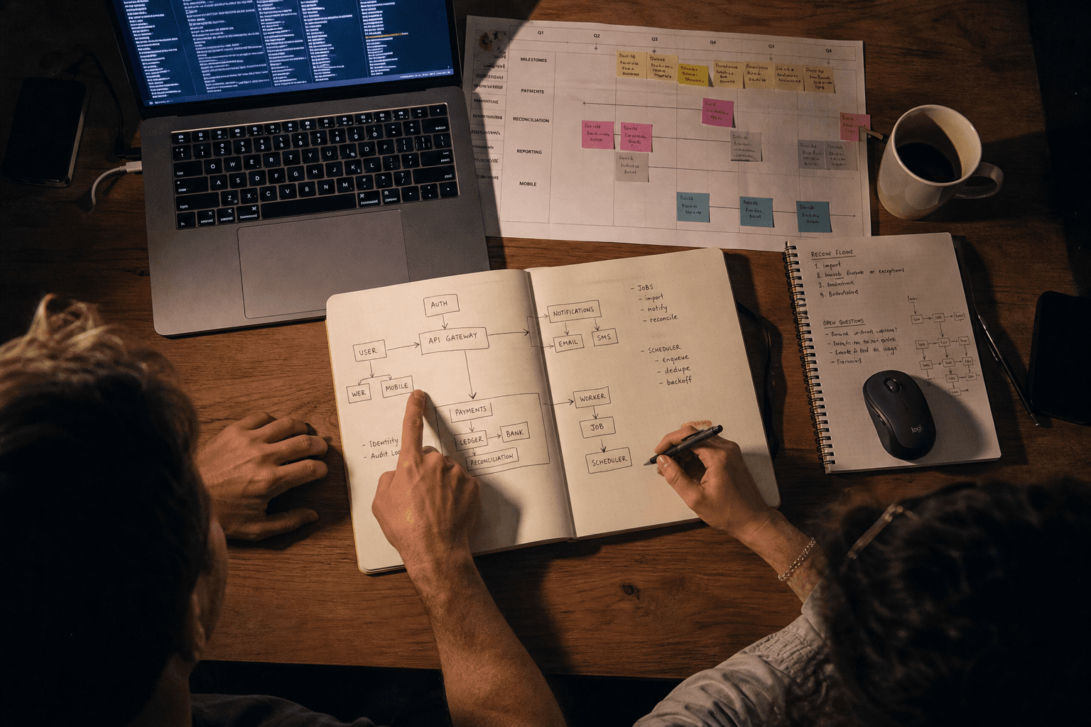 Overhead view of a engineering work desk with open notebooks showing hand-drawn architecture diagrams, an open laptop, and two pairs of hands annotating and pointing at the diagrams under warm task lamp and screen glow.