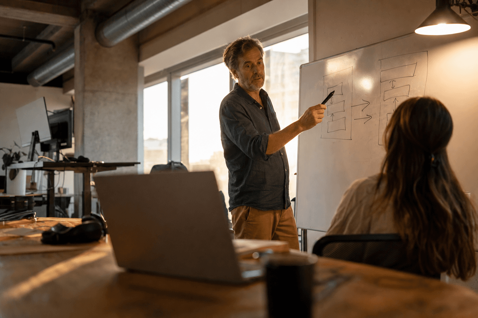 Low-angle view from desk level looking up at a senior male technologist standing at a whiteboard with a marker, gesturing at a hand-drawn diagram, with golden-hour light from a large office window silhouetting him softly against the board.