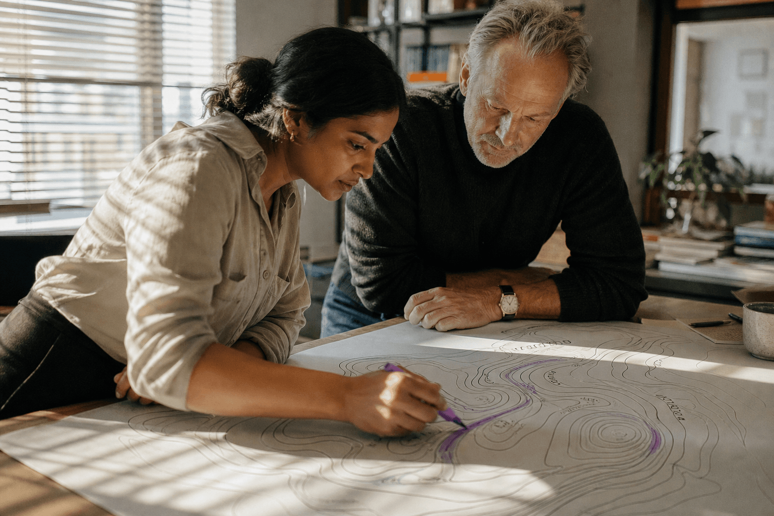 A South Asian woman and an older male engineer lean over a topographic contour-map diagram on a desk in a Melbourne office, morning light through venetian blinds striping the scene as she marks the sheet with a purple highlighter.