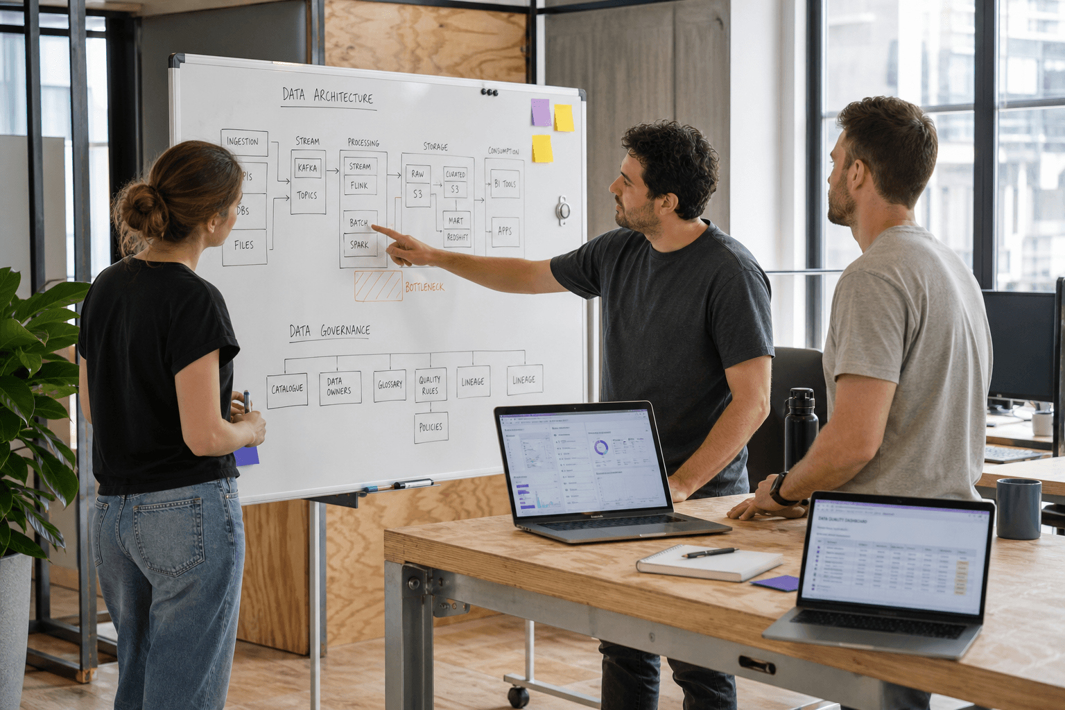 Three colleagues stand together at a whiteboard covered in data pipeline and governance diagrams, discussing a bottleneck, in a bright naturally lit open-plan office.